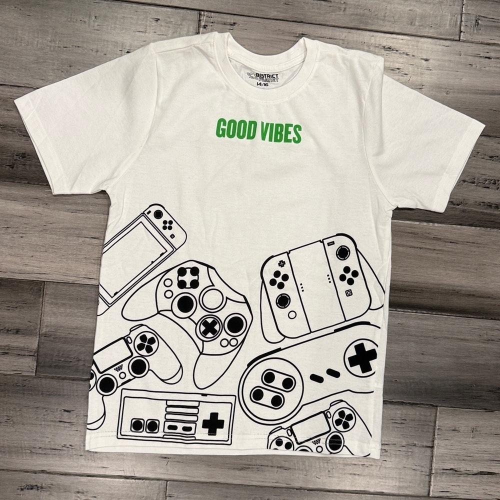 NWOT, District Planet White Tee with Green Accents